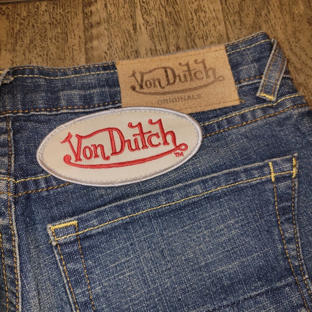 Von Dutch Blue Jeans with Red Logo Patch Vintage  Womens Size 27